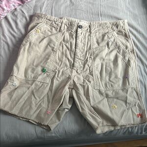 Beige Men Shorts with Embroidered Accents